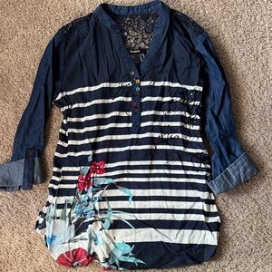 Desigual Navy White Striped Floral Lace-Back Henley Tunic with Pink Accents